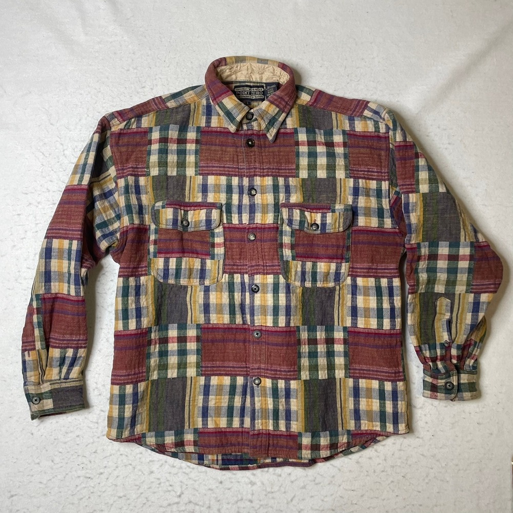 Point Zero Patchwork Flannel Shirt Mens Large Madras Plaid Button Up Workwear